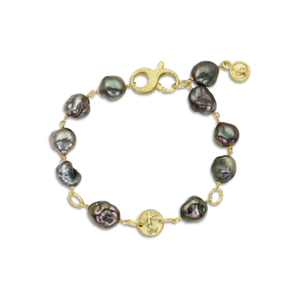 Tahitian keshi pearl, petite goddess coin bracelet, in 18k yellow gold <span class='visuallyhidden'>Call, text 323-404-2959 for shopping help.</span>